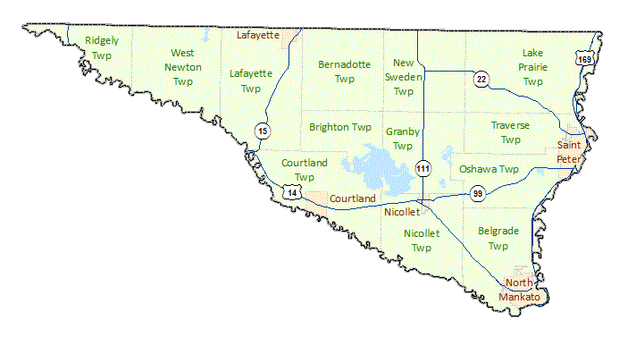 Nicollet County image map with links to city and township maps