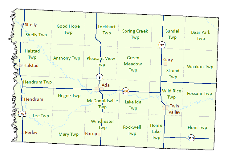 Norman County image map with links to city and township maps
