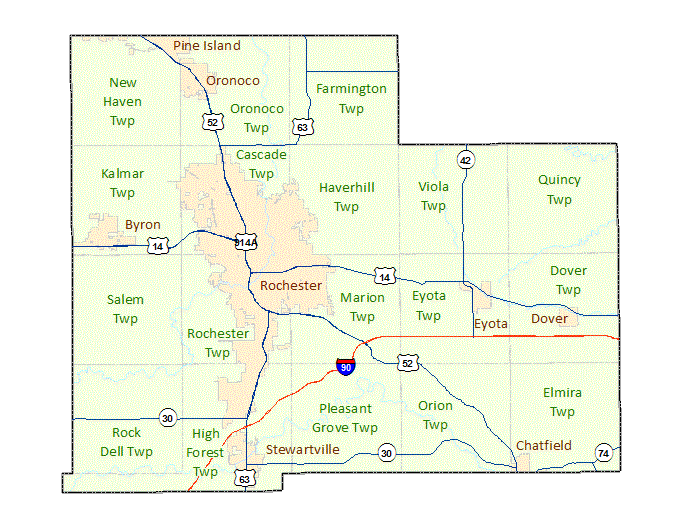 Olmsted County image map with links to city and township maps