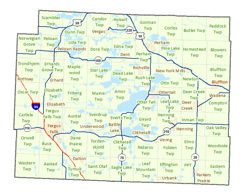 Otter Tail County image map with links to city and township maps