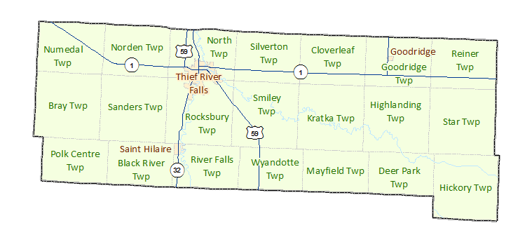 Pennington County image map with links to city and township maps