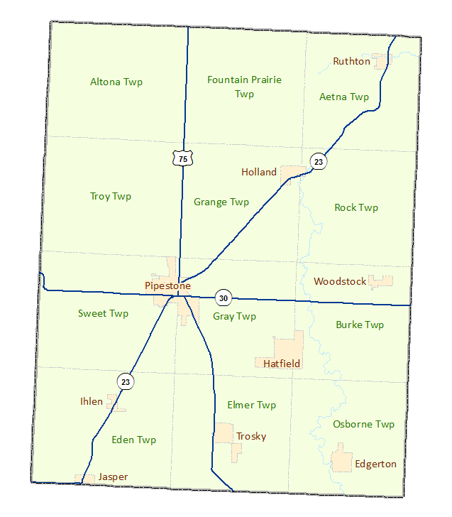 Pipestone County image map with links to city and township maps