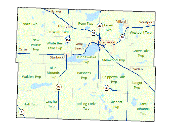 Pope County image map with links to city and township maps