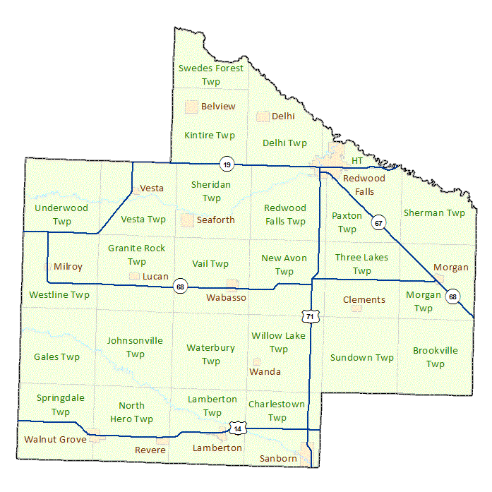Redwood County image map with links to city and township maps