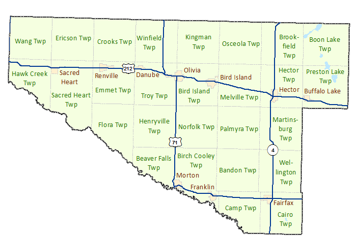 Renville County image map with links to city and township maps