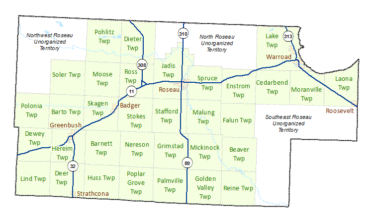Roseau County image map with links to city and township maps