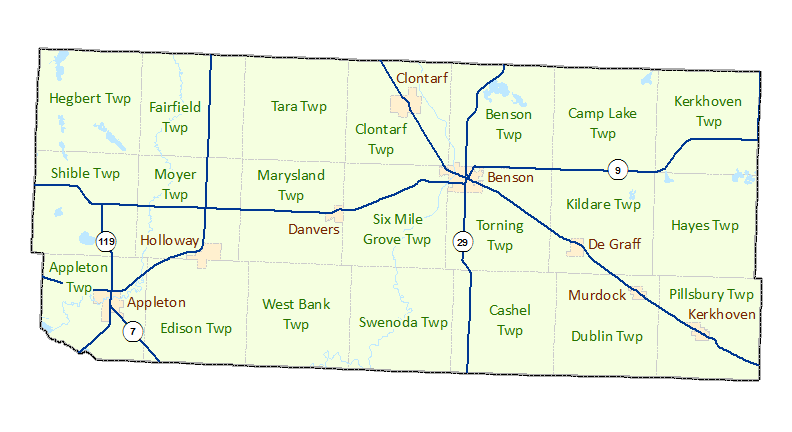 Swift County image map with links to city and township maps
