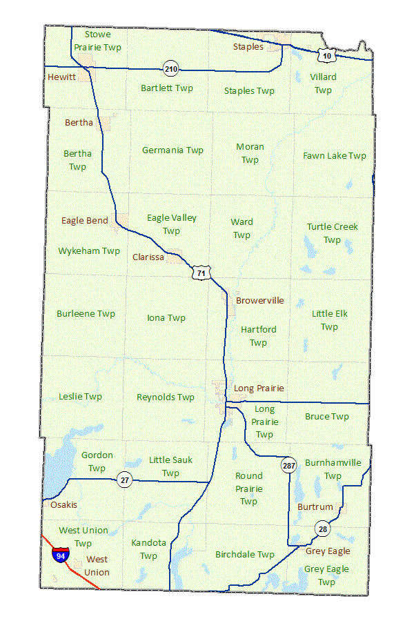 Todd County image map with links to city and township maps