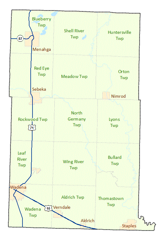 Wadena County image map with links to city and township maps