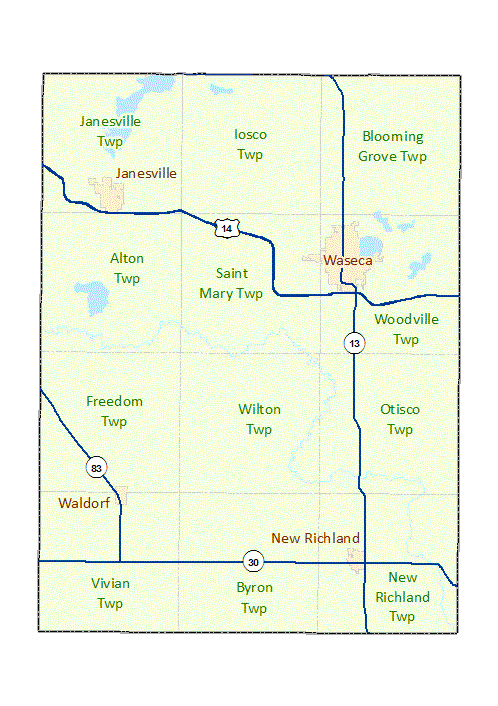 Waseca County image map with links to city and township maps