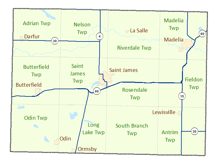 Watonwan County image map with links to city and township maps