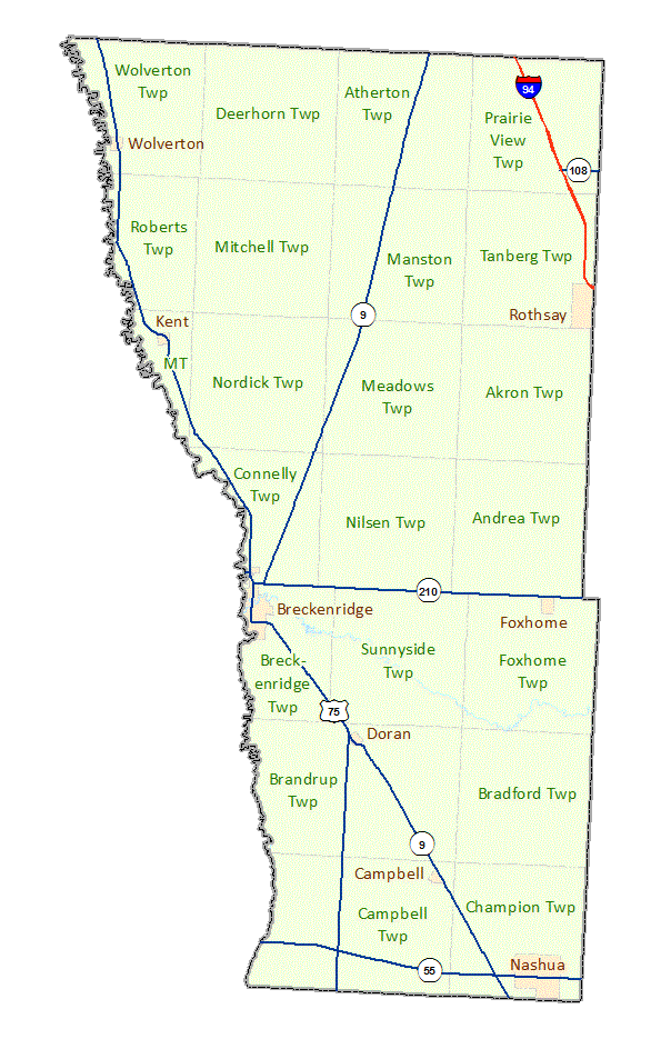Wilkin County image map with links to city and township map