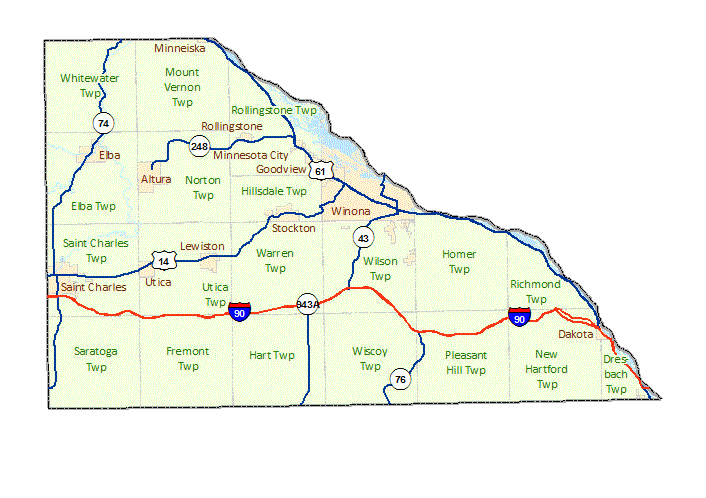 Winona County image map with links to city and township maps