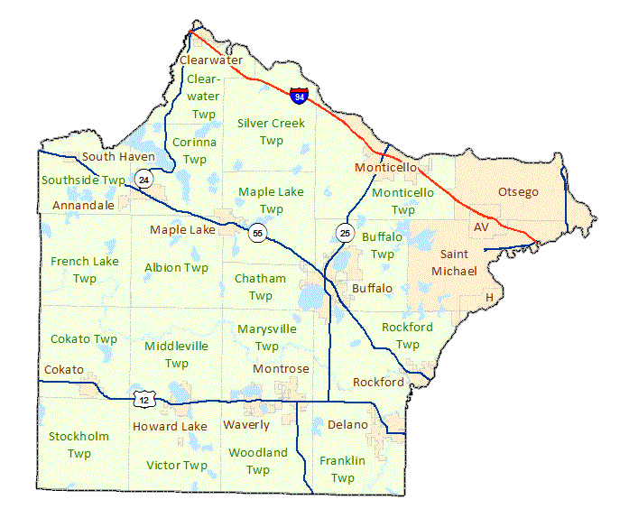 Wright County image map with links to city and township maps