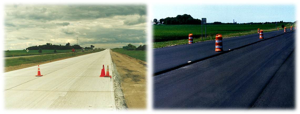 MnDOT paving projects: left = concrete construction, right = bituminous construction