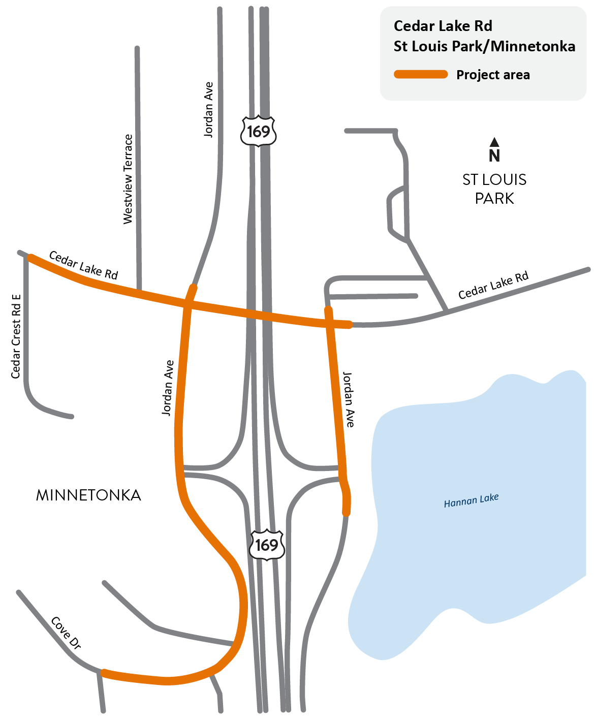 Cedar Lake Road and Jordan Avenue South near Highway 169 in Minnetonka and St. Louis Park project location map