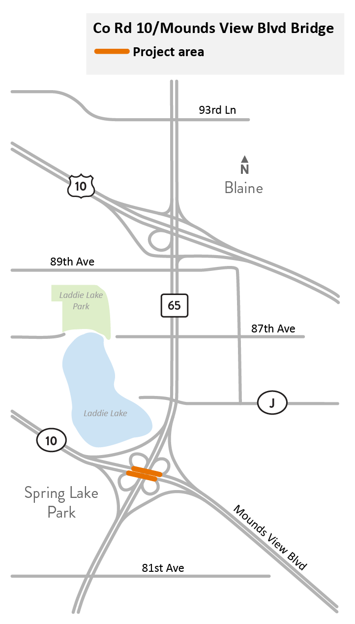 Anoka County Road 10/Mounds View Boulevard bridge over Hwy 65 in Spring Lake Park project location map