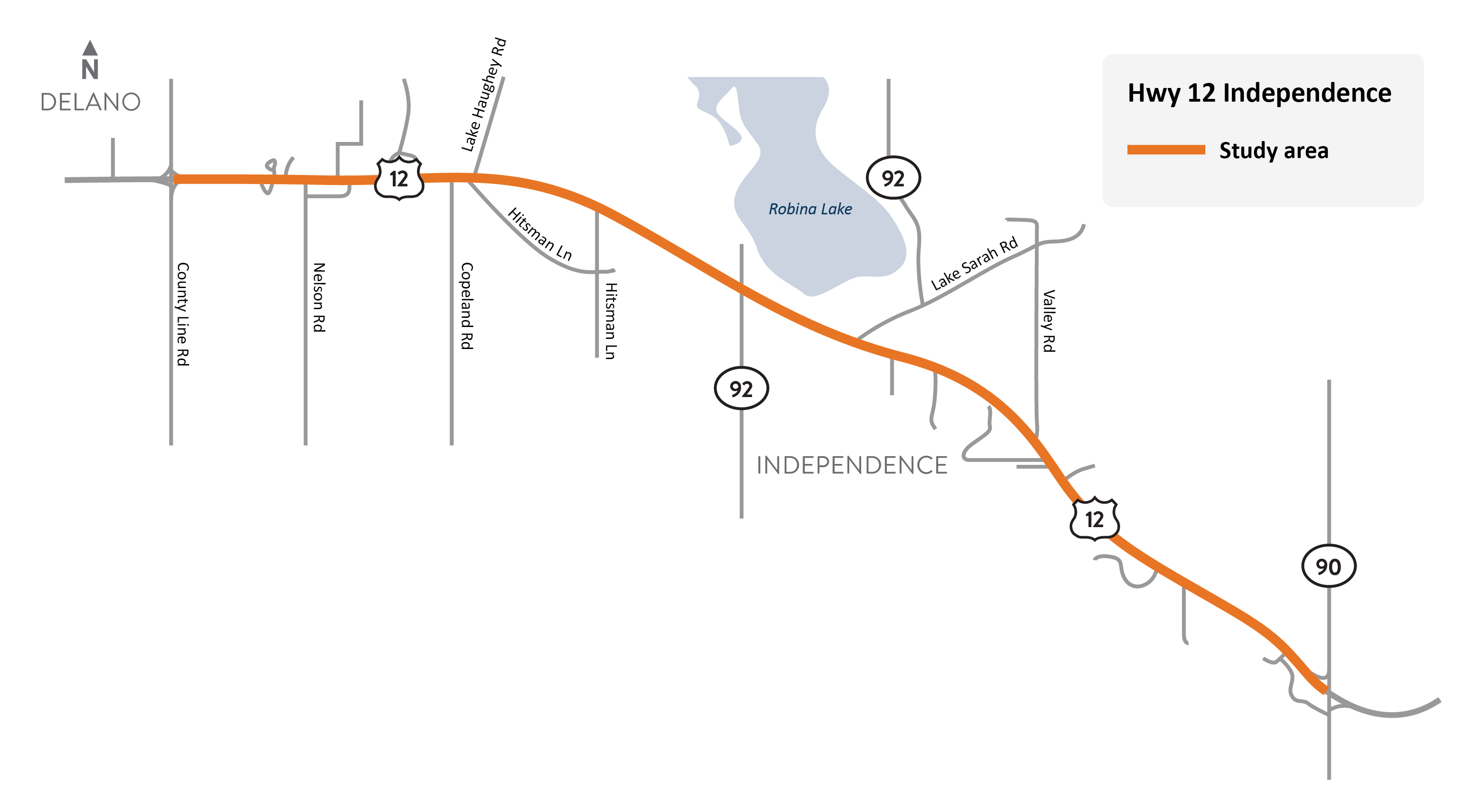 Hwy 12 study location map from Delano to Independence