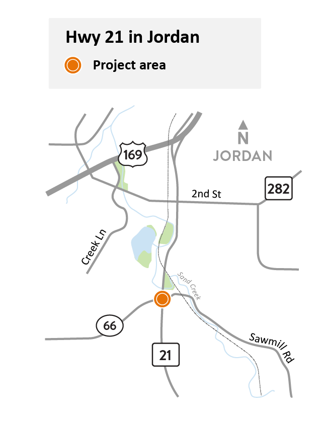 Hwy 21 at Old Highway 169/Sawmill Road roubdabout in Jordan project location map