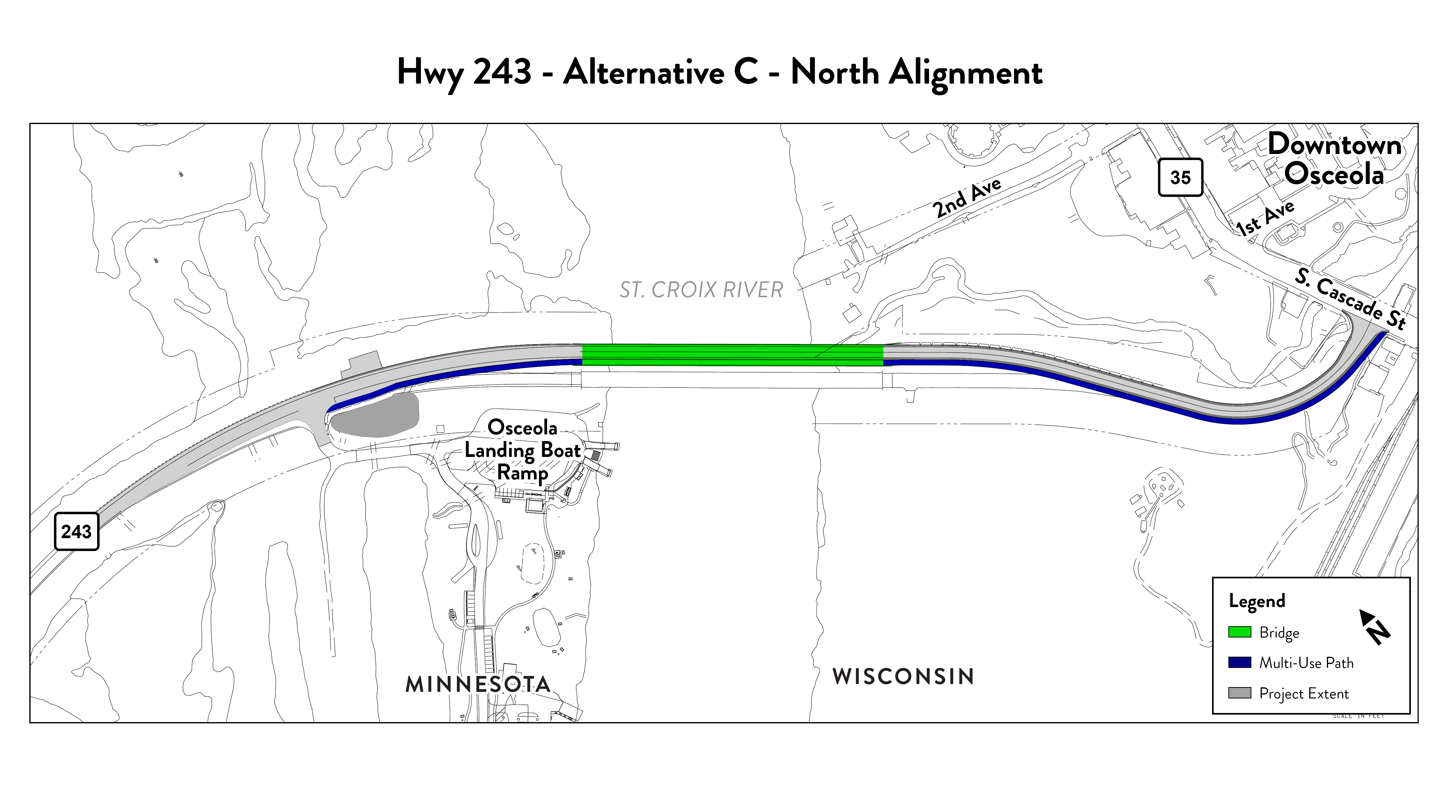 Shows alternative C, including construction limits, proposed and existing road, and path for people walking or biking.