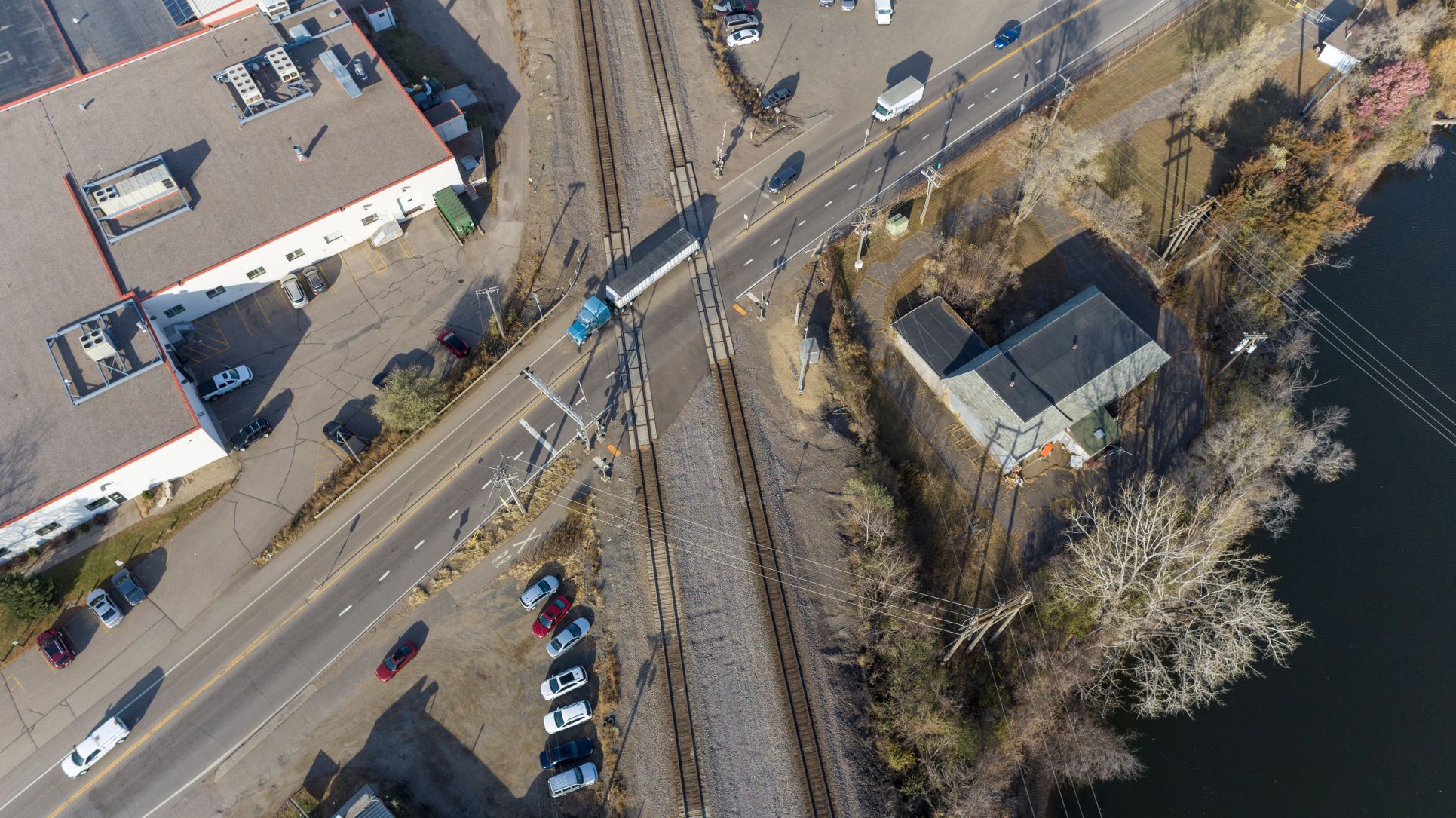 Overhead view of Highway 47 and BNSF railroad crossing in Anoka
