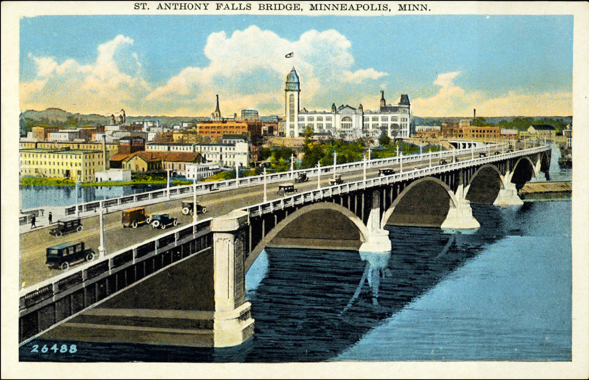 The bridge was designed with multiple overlooks from the bridge deck (one shown in foreground). Overlooks were a feature of the City Beautiful design aesthetic, encouraging visitors to stop and enjoy views of the river and city as they were passing through