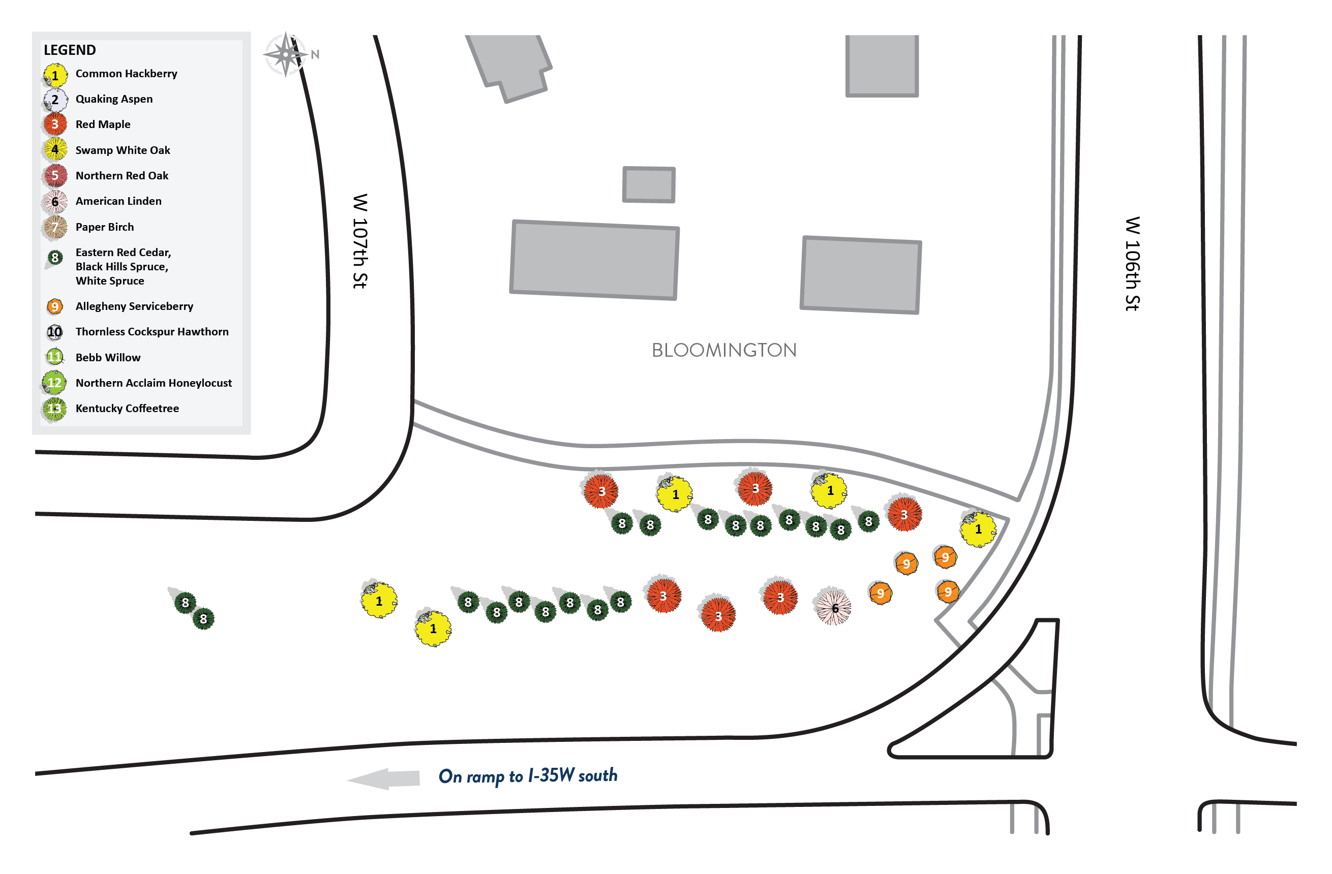 Map of lanscaping between 106th Street and 107th Street near the on ramp to I-35W south