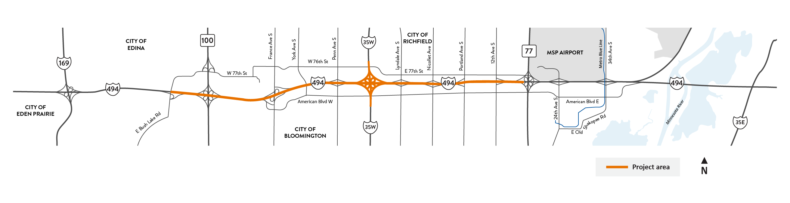 I-494 between East Bush Lake Road in Edina and 12th Avenue North in Richfield project location map