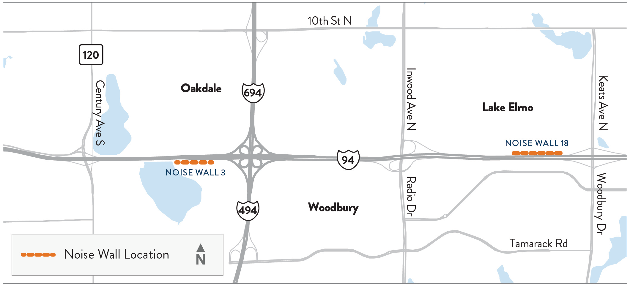 Locations of proposed noise walls in the I-94 Oakdale to Lakeland project area