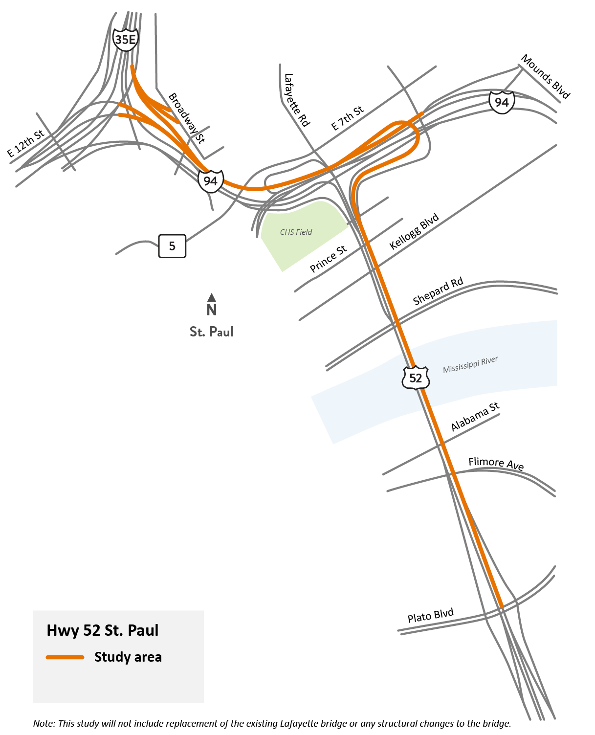 Lafayette Bridge in St. Paul study location map