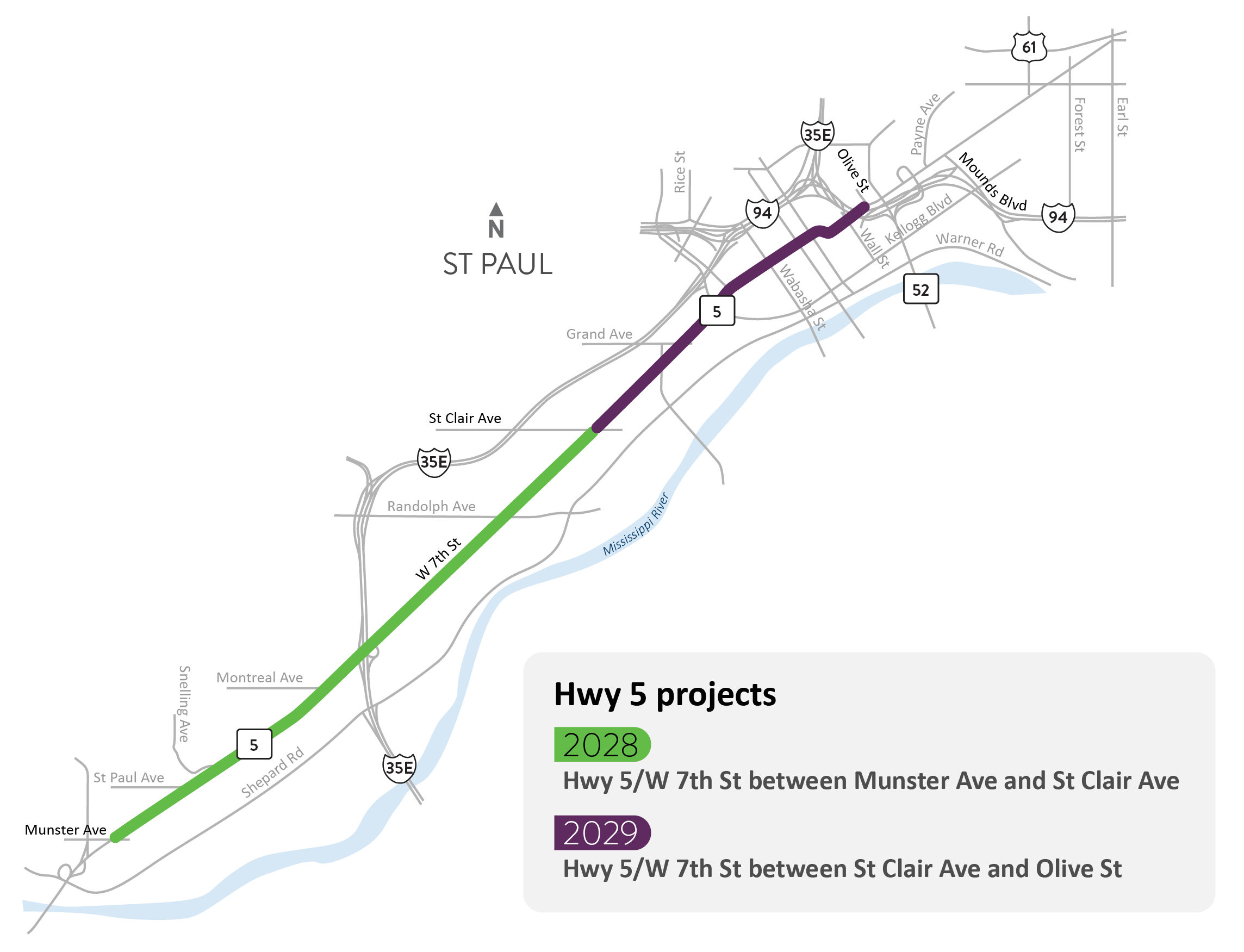 Highway 5/West 7th Street between Munster Avenue and Saint Clair Avenue in St. Paul project location map