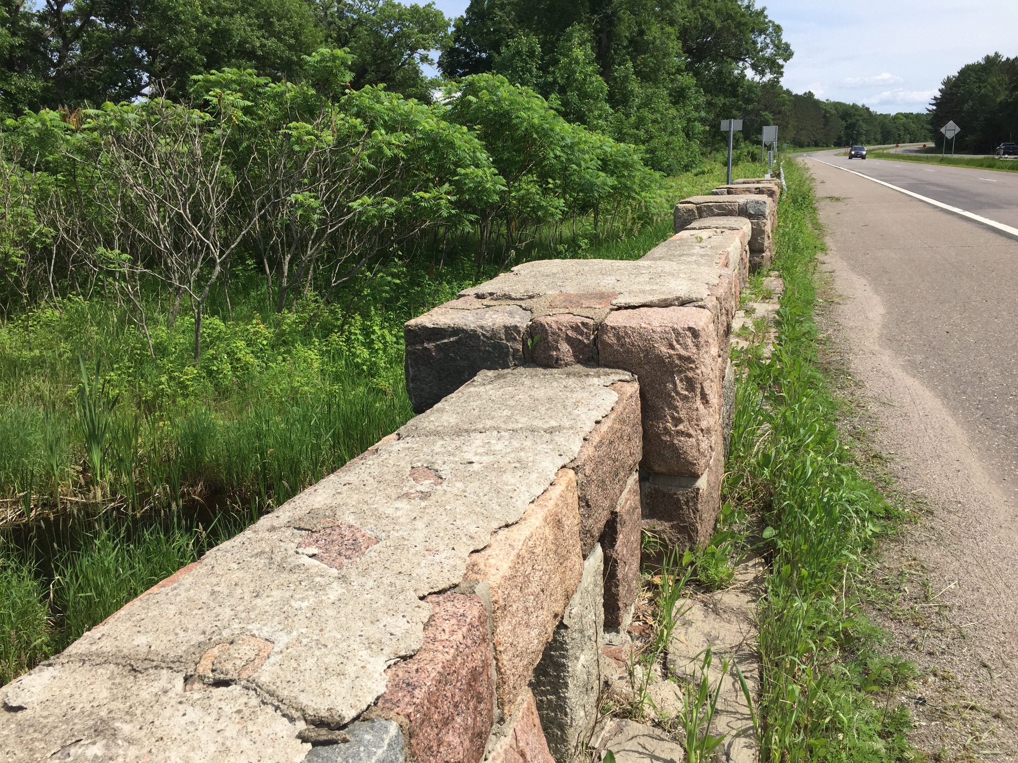 Preconstruction photo of the inside face of the East wall of the bridge. Notice the cracked mortar cap, different colors of mortar, vegetation growing in mortar joints in wall and at base of wall in flagstone pavers at the base of the wall. June 2018.