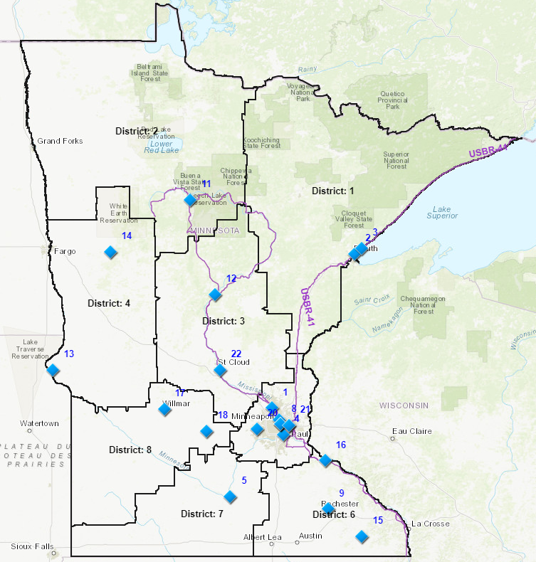 Map showing where bicyclist and pedestrian volumes have been collected in Minnesota.