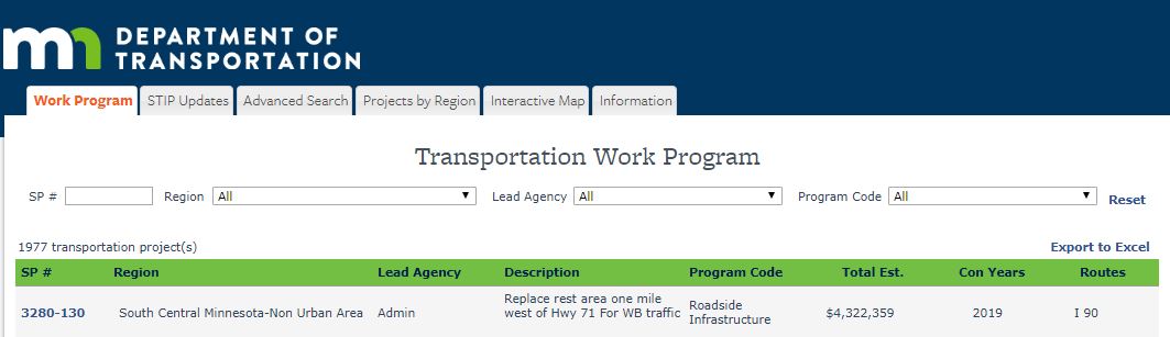 screen capture of CHIMES program, showing information on the westbound highway 71 project