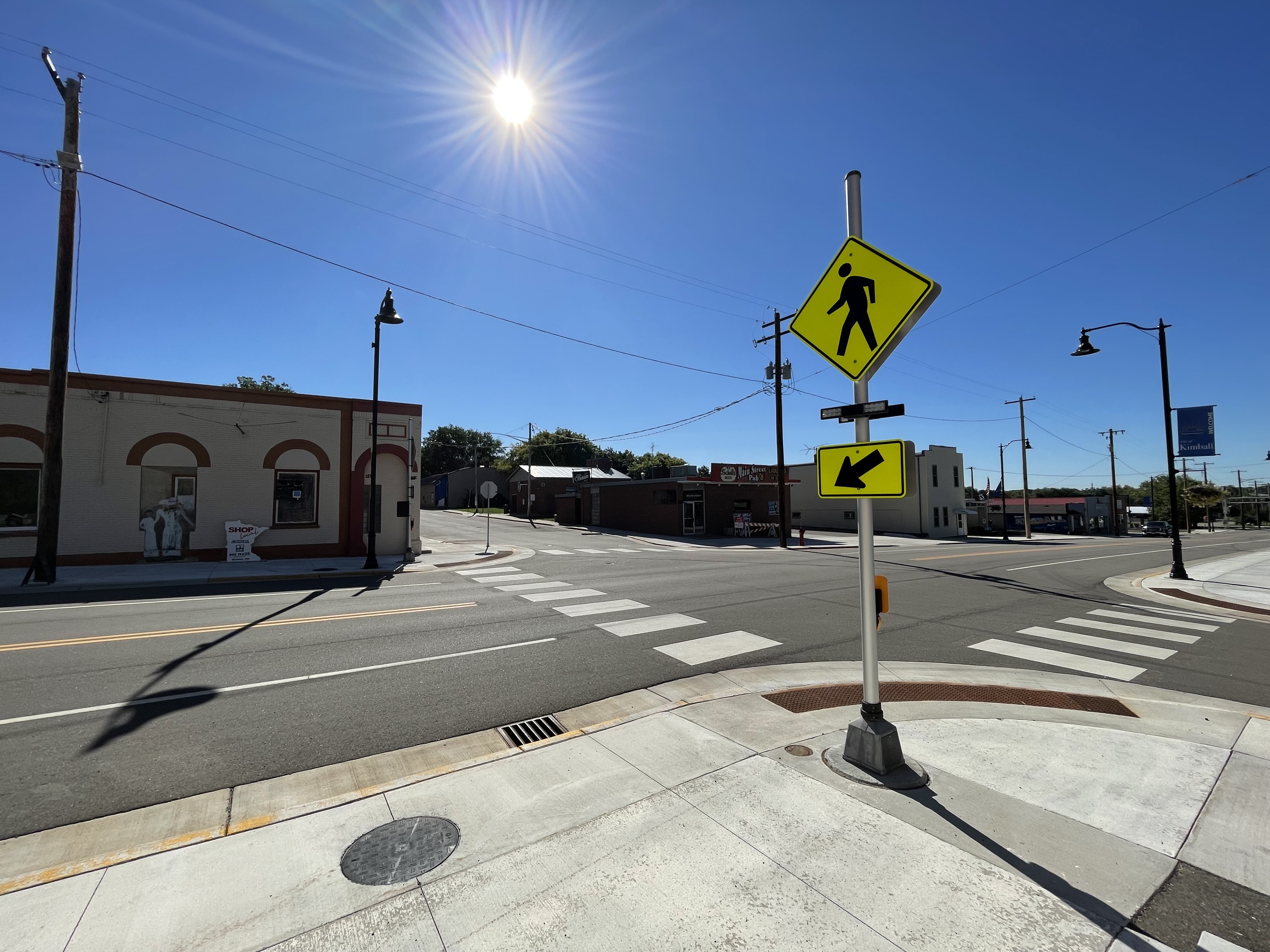 An RRFB at the intersection of Hwy 15 and  Hazel Avenue in Kimball