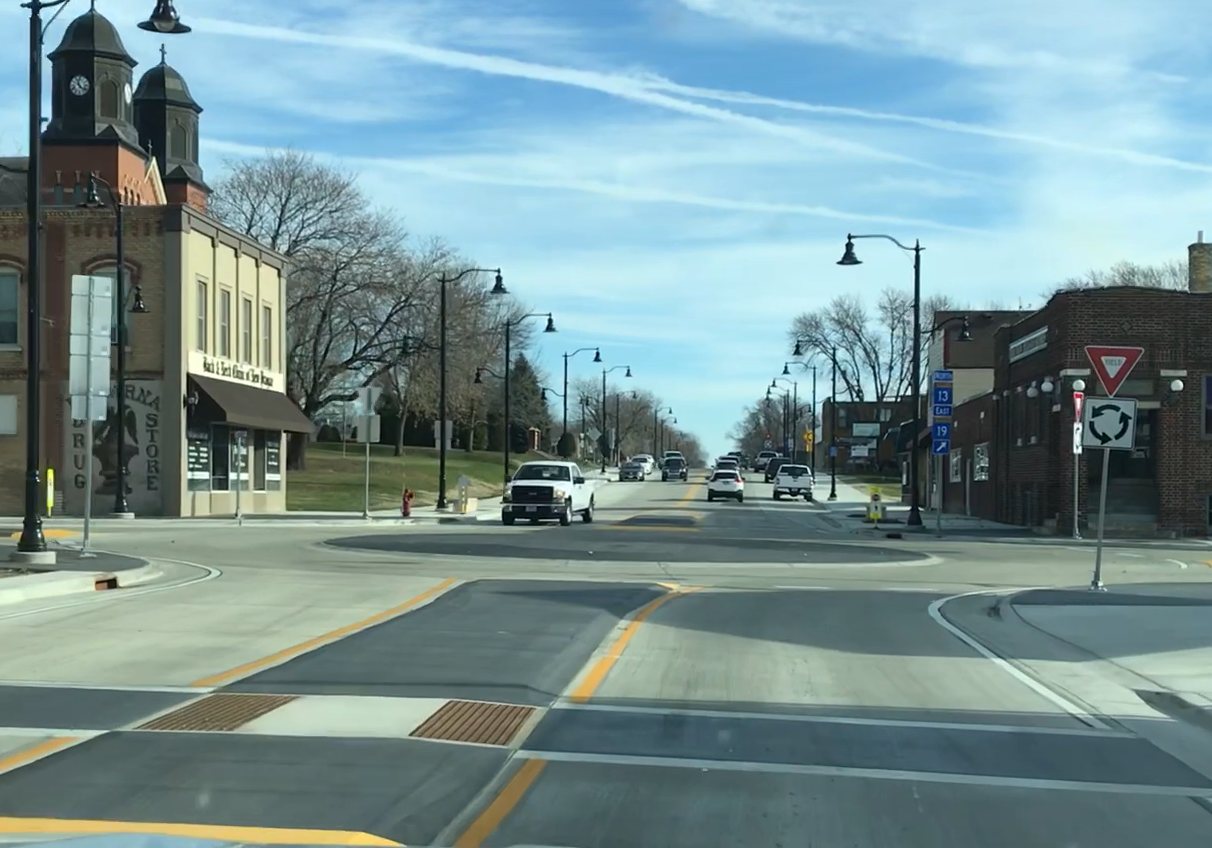 An intersection in New Prague after construction showing a roundabout