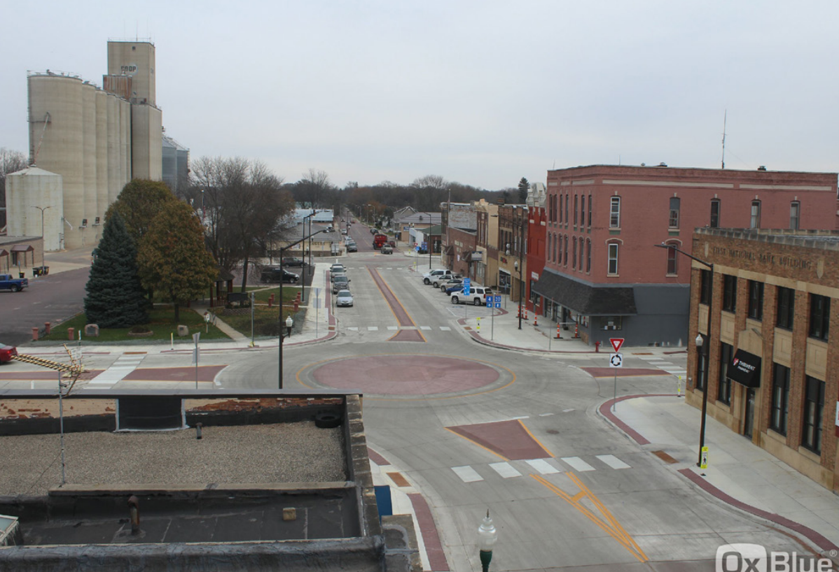 Highway 4 in St. James after construction, showing mini-roundabout, back-in angle parking and improved crosswalks