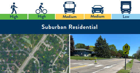 A Suburban Residential land use is a medium to large size, lightly to moderately developed residential area, mostly of single-family (with some multi-family) housing, and occasional neighborhood parks and trails, and lakes and woodlands.