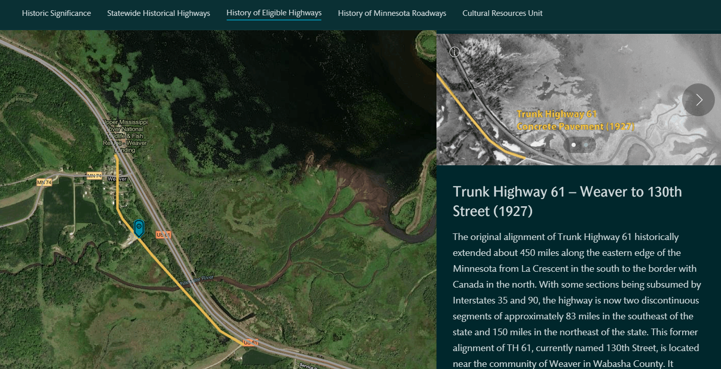 Screen of map journal tour application showcasing Minnesota's Historic Trunk Highways