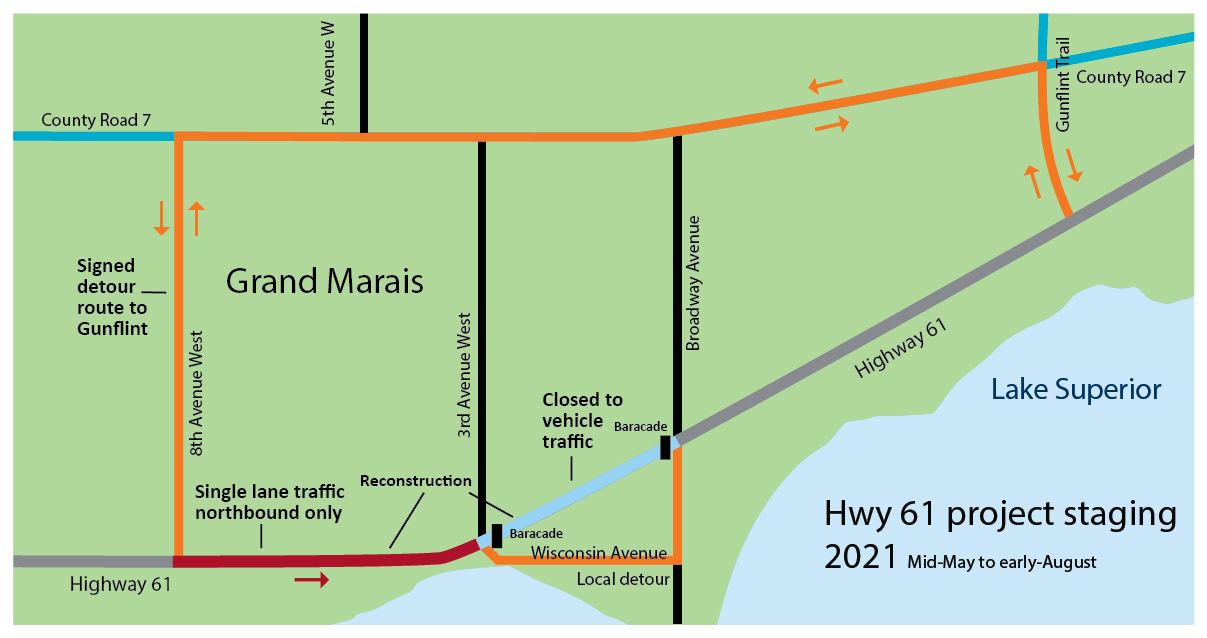 Map showing the project staging in 2020 from mid-May through October. Motorists may encounter a short detour, a longer detour and single lane traffic.
