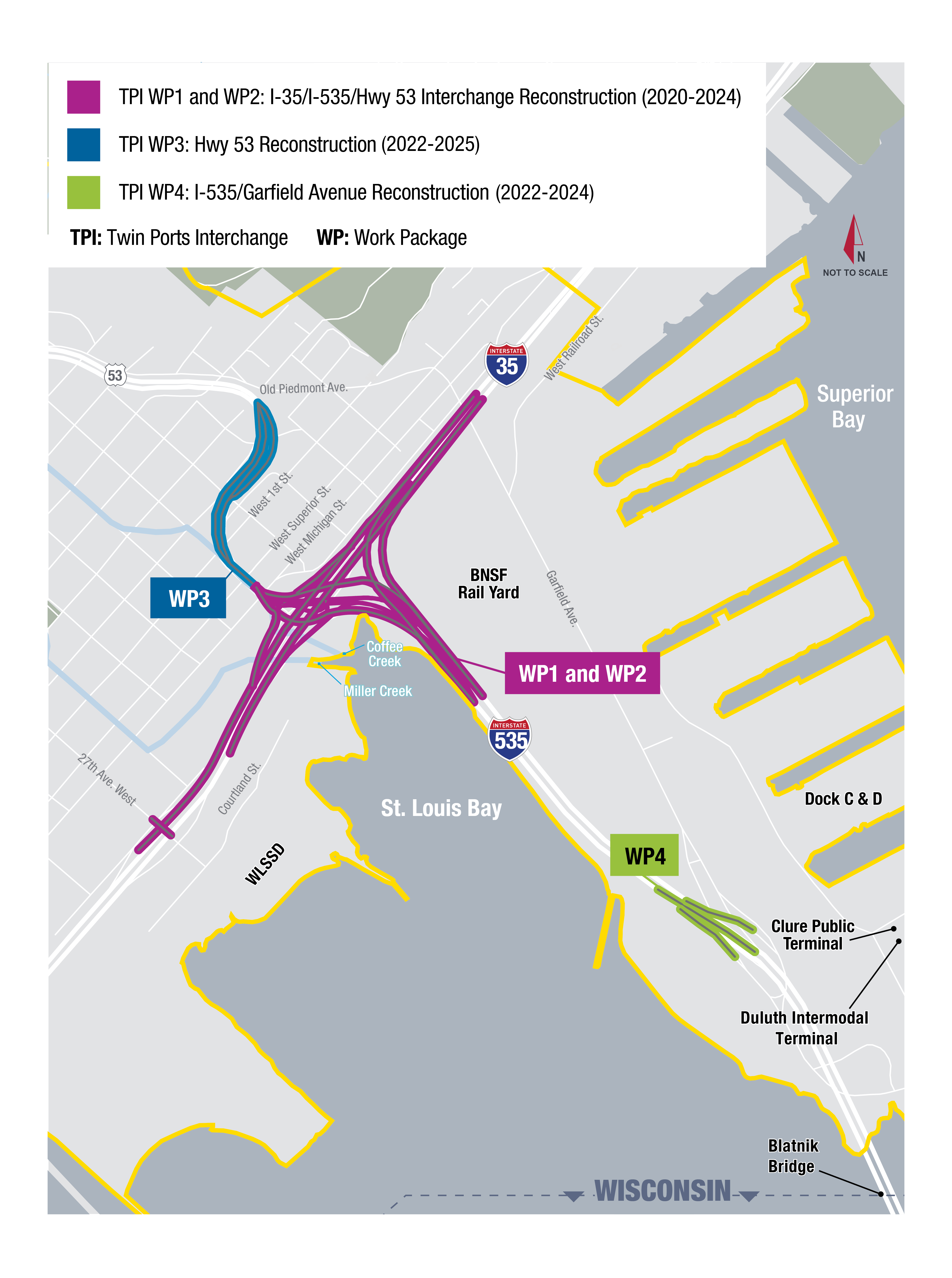 This map shows the location of Twin Ports Interchange improvements in Duluth, which include the reconstruction of the I-35/I-535/Hwy 53 interchange.