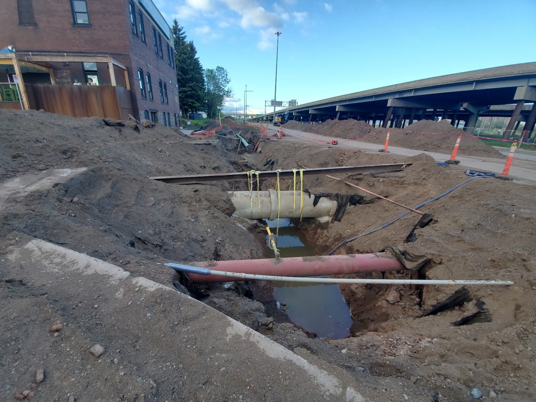 Lower Michigan Street Gas Main. The gas main has been relocated because it was in the way of new bridge and wall foundation construction for the Twin Ports Interchange project.
