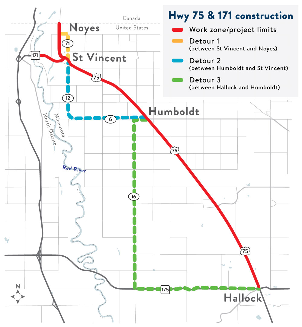 Scheduled for summer of 2023 Highway 75 resurfacing between Hallock and Canada map showing the project limits