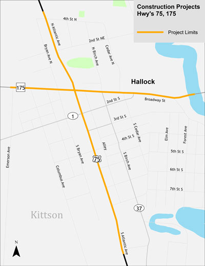 Highway 75 in Hallock map showing the project limits