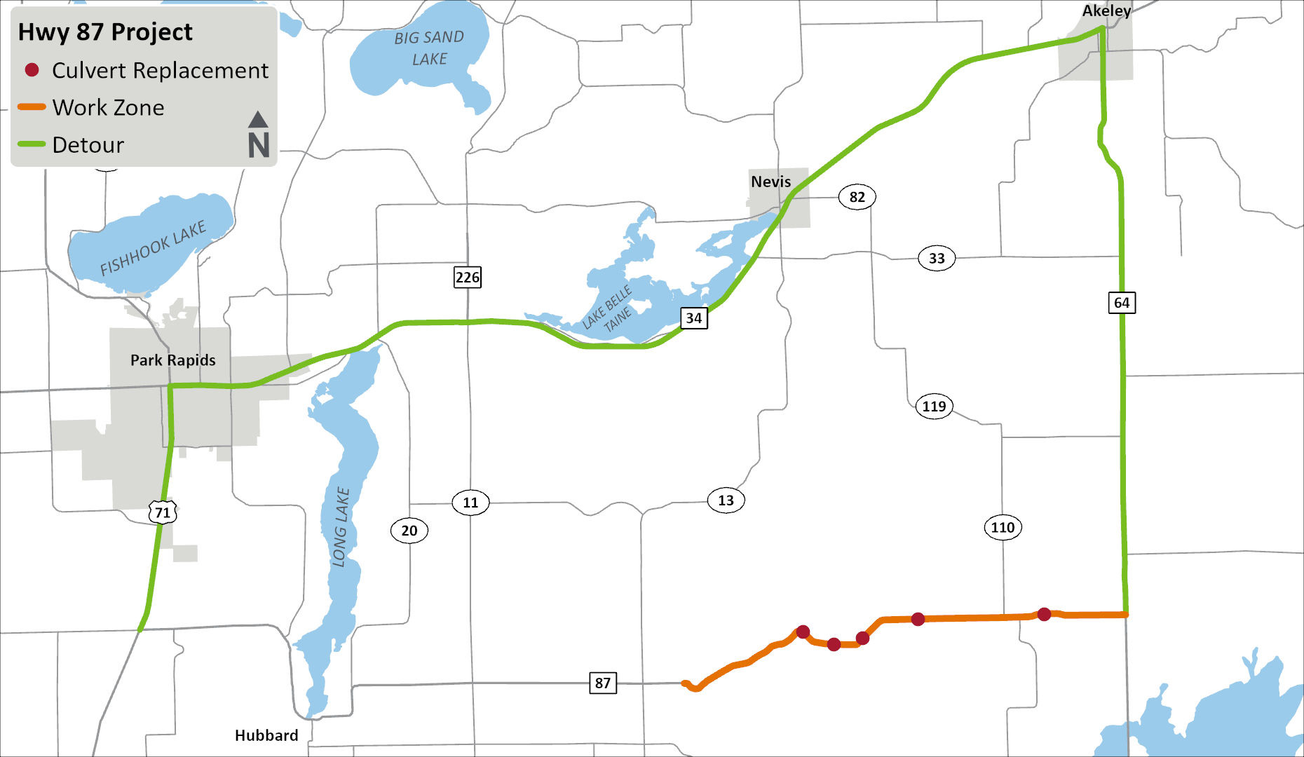 Hwy 87 project in 2025 (eastern section) Map showing the eastern project on Highway 87 between Third Crow Wing Lake and Highway 64