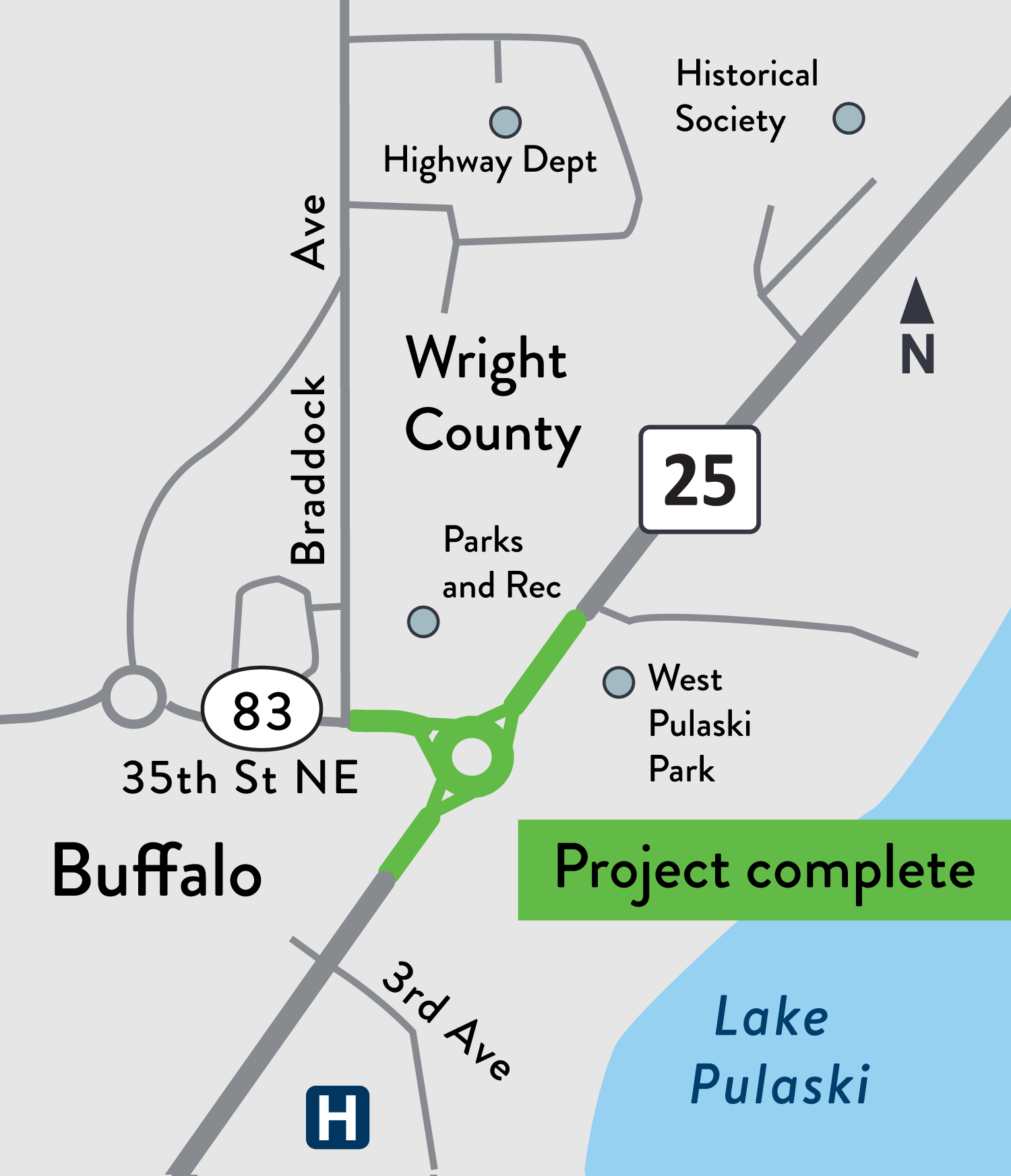 Hwy 25 roundabout map in Buffalo Hwy 25 work map in Buffalo