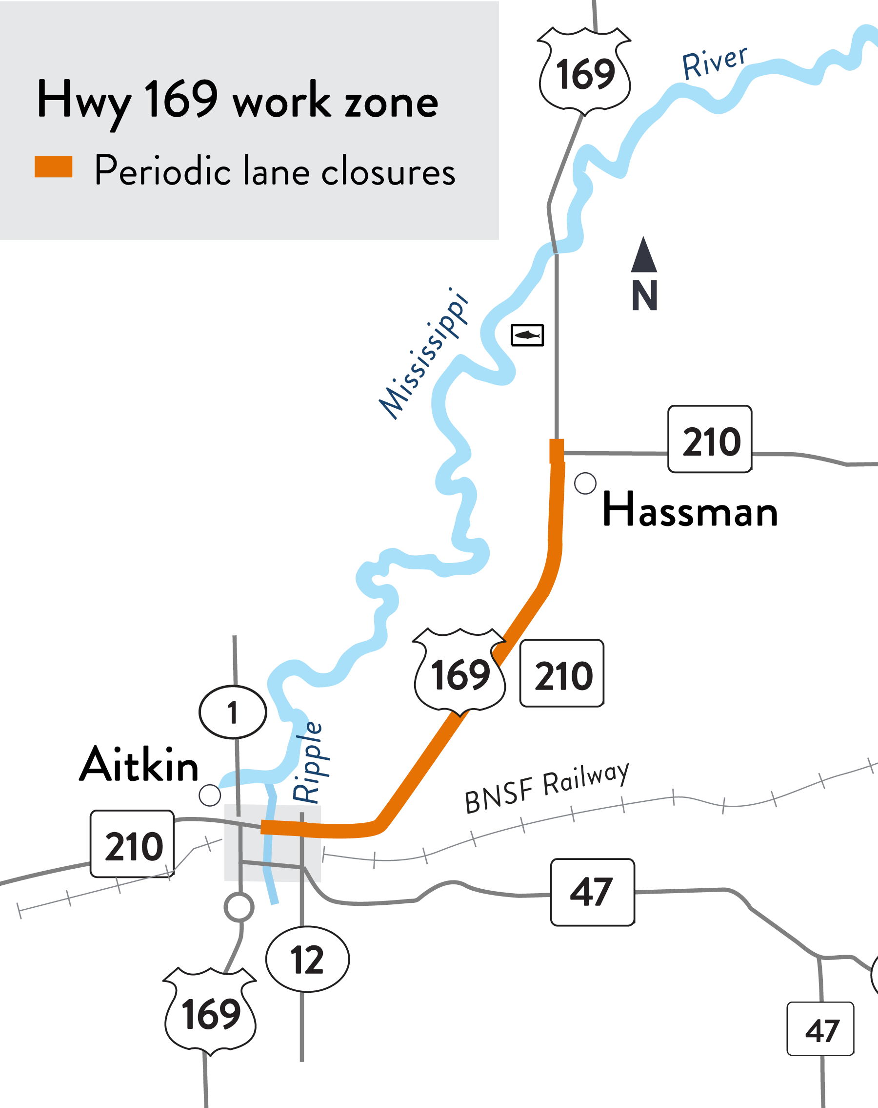 Detour in Aitkin via Hwy 169, Hwy 47 and Co. Rd. 12