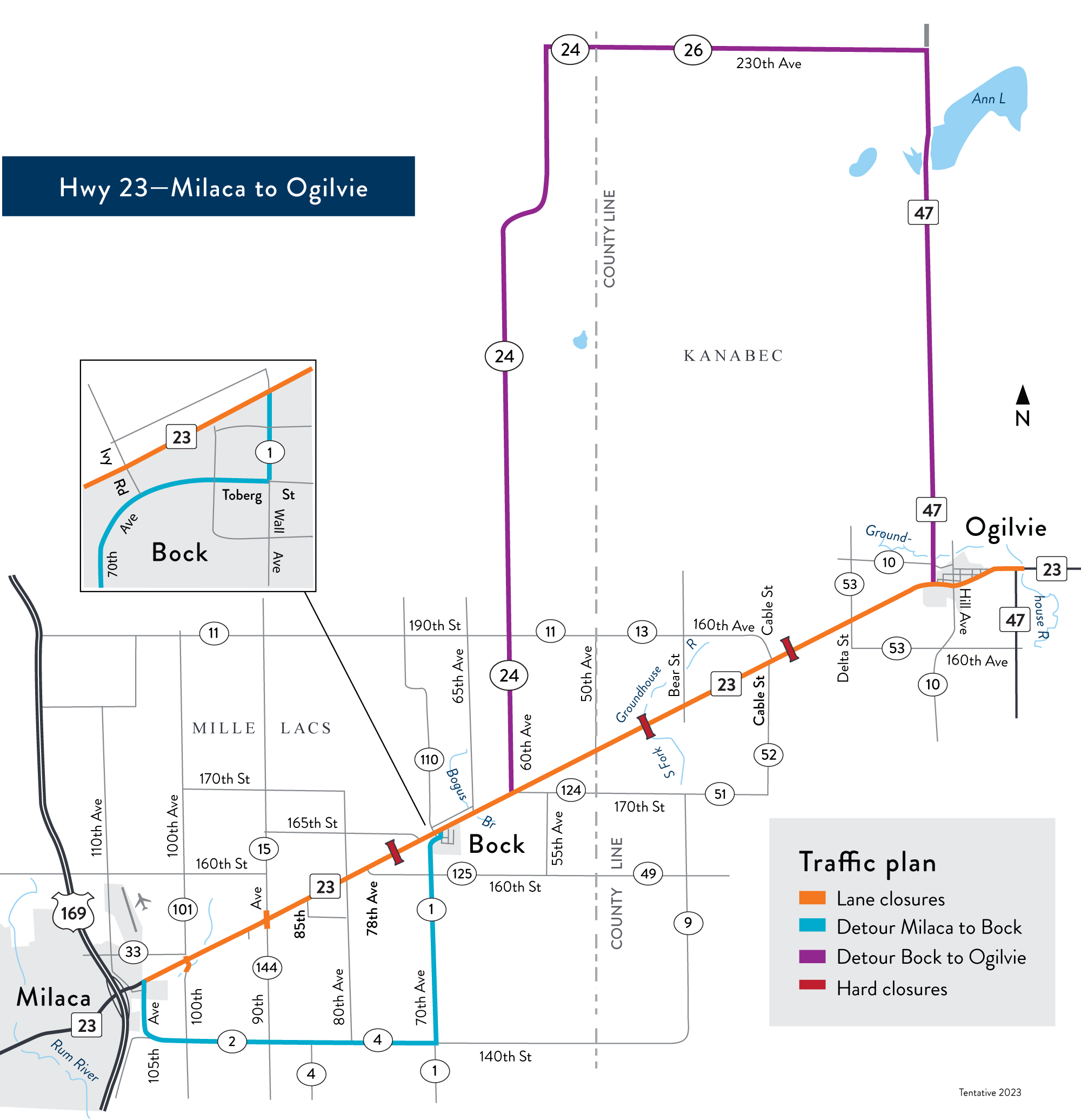 Hwy 23 tentative traffic plan map - detours