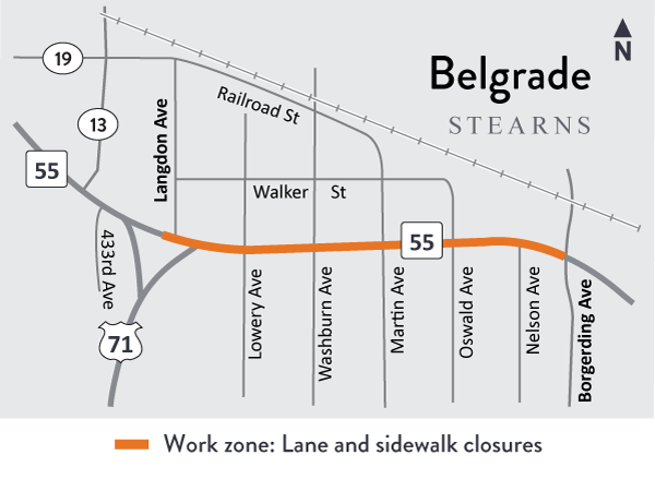 Hwy 55 roadwork in Belgrade Project map