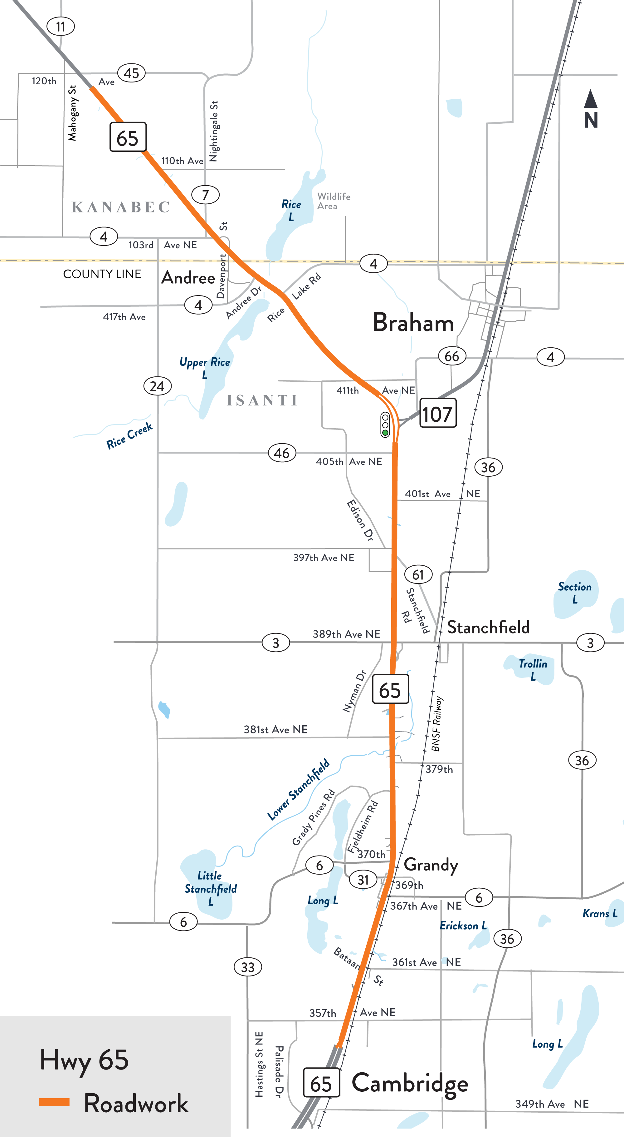 Hwy 65 roadwork map in 2026 Hwy 65 work location map between Braham and Cambridge